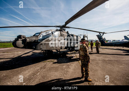 AH-64D Apache Attack Helicopter, is on display at Ostrava Air Base, Czech Republic, during NATO Days. Stock Photo