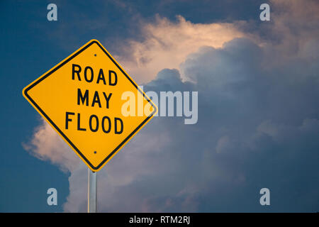 May Weather Sign Yellow Diamond Road May Flood sign Stock Photo - Alamy