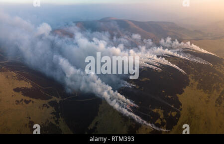 Aerial image of upland heather burning in the Borders region of Southern Scotland.