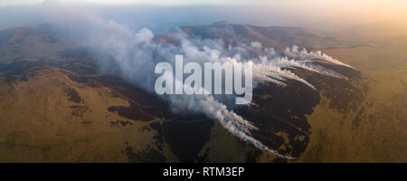 Aerial image of upland heather burning in the Borders region of Southern Scotland.