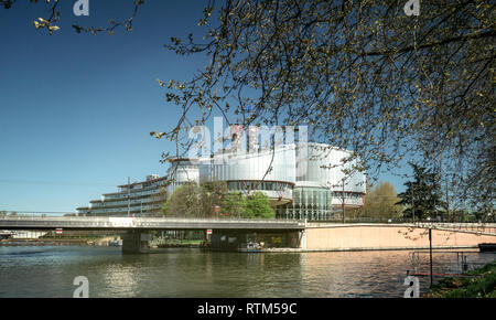 STRASBOURG, FRANCE - APR 15, 2017: European Court of Human Rights building and Ill River in Strasbourg, France 