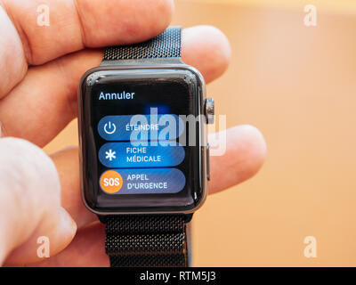 PARIS, FRANCE - SEP 22, 2017: New Apple Watch Series 3 goes on sale in  Apple Store with Switch-off, emergency calling, medical id sos Stock Photo  - Alamy