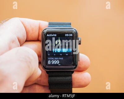 PARIS, FRANCE - SEP 22, 2017: New Apple Watch Series 3 goes on sale in Apple Store with total steps pedometer watch app  Stock Photo