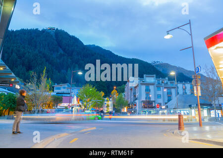 QUEENSTOWN NEW ZEALAND - OCTOBER 17 2018; streets and lights of city after dusk showing the character of famous tourist spot.
