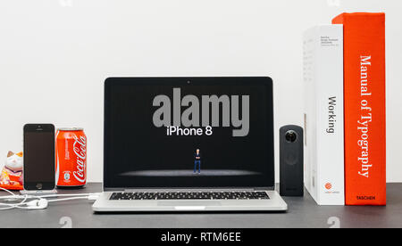 PARIS, FRANCE - SEP 13, 2017: Minimalist creative room with Safari Browser open on MacBook Pro laptop showcasing Apple Keynote website with  presenting the Stock Photo