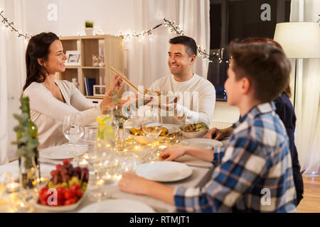 happy family having dinner party at home Stock Photo