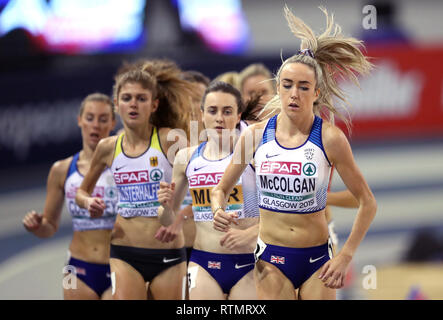 Great Britain's Laura Muir (centre) and Great Britain's Eilish McColgan (right) in the Women's 3000m final during day one of the European Indoor Athletics Championships at the Emirates Arena, Glasgow. Stock Photo