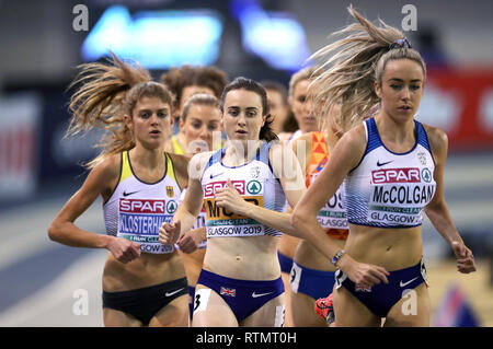 Great Britain's Laura Muir (centre) and Great Britain's Eilish McColgan (right) in the Women's 3000m final during day one of the European Indoor Athletics Championships at the Emirates Arena, Glasgow. Stock Photo