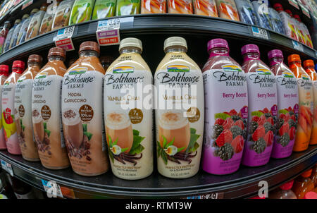 Bottles of Bolthouse Farms beverages are seen in a supermarket refrigerator case on Wednesday, February, 27, 2019. The Campbell Soup Company is selling the brand along with its international snack business to pay down its debt. (Â© Richard B. Levine) Stock Photo