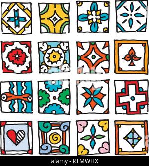 Set of grunge tiles. Vintage Islam, Arabic, Indian, ottoman decorative design elements. Patchwork handdrawn motifs. Vector collection Stock Vector
