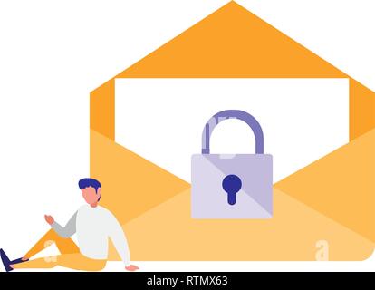 man using envelope mail with padlock vector illustration design Stock Vector