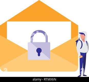 man using envelope mail with padlock vector illustration design Stock Vector