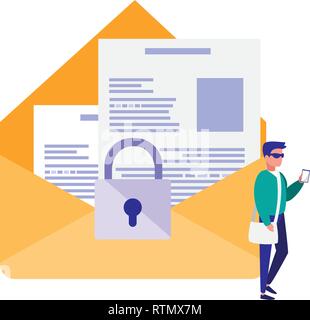 man using envelope mail with padlock vector illustration design Stock Vector