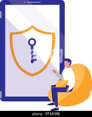 man using smartphone with shield and key vector illustration design Stock Vector