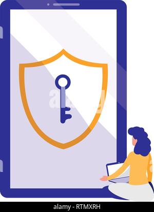 woman using smartphone with shield and key vector illustration design Stock Vector