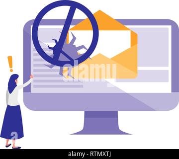 woman using desktop with bug in email vector illustration design Stock Vector