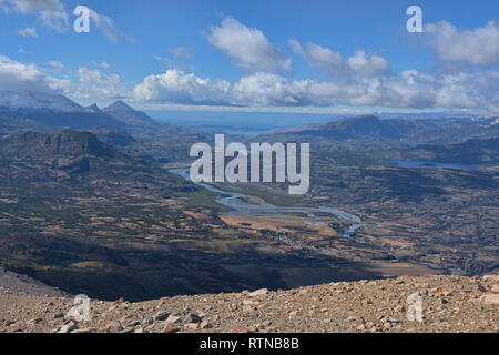 Looking out at the Rio Ibanez and Villa Cerro Castillo, Aysen, Patagonia, Chile Stock Photo