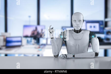 3d rendering humanoid robot sitting behind table in office Stock Photo