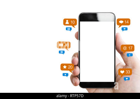 Hand holding mobile smart phone, blank empty screen and online social networking notification icons, isolated on white background Stock Photo