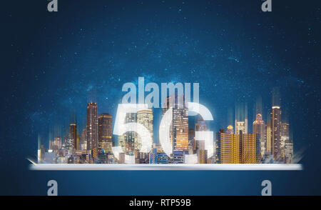 5G internet network in the city, building and 5g in the city on digital tablet Stock Photo