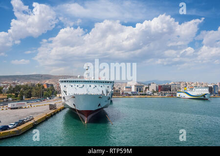 Piraeus, Greece -June 5, 2018: Big ferry boats docked at the port of Piraeus, Greece Stock Photo