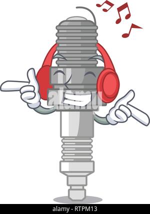 Listening music spark plug isolated with the mascot Stock Vector