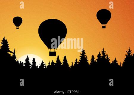 Vector illustration of landscape with forest, flying hot air balloons and orange sky with rising sun Stock Vector