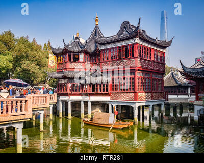 29 November 2018 - Shanghai, China  -  The Huxinting Tea House and Nine Turn Bridge in the Yu Garden area of the Old Town, Shanghai Stock Photo