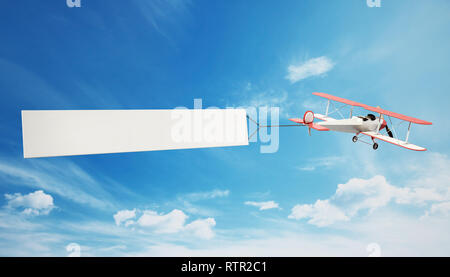 Classic airplane pulling blank white text banner. 3D illustration. Stock Photo