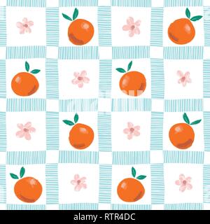 Hand Painted Colorful Abstract Oranges, Flowers and Leaves on Blue and White Plaid Background. Summer Citrus Fruits Vector Seamless Pattern. Fresh and Stock Vector