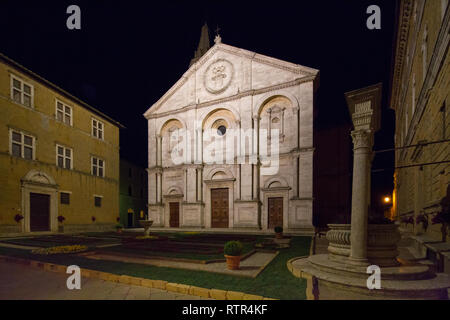 Night view on the Roman Catholic cathedral in Pienza dedicated to the Assumption of the Virgin Mary, Pienza, Tuscany, Italy Stock Photo