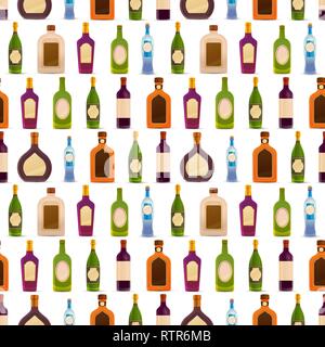 A lot of different glossy bottles with alcohol in a row on white, seamless pattern Stock Vector