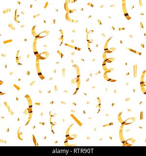 Bright golden serpentine and confetti, seamless pattern on white background Stock Vector