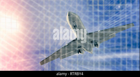 Airliner in motion on background of high speed traveling in sky Stock Photo