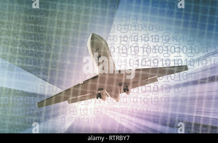 Airliner in motion on abstract background of highrise and binary code Stock Photo