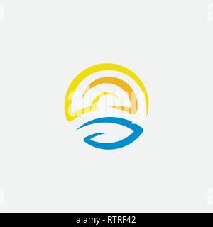 water wave and sun circle icon logo design Stock Vector