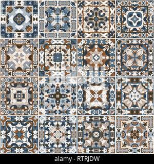 A collection of ceramic tiles in blue and brown retro colors. A set of square patterns in ethnic style. Vector illustration. Stock Vector