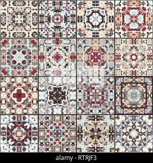 A collection of ceramic tiles in retro colors. A set of square patterns in ethnic style. Vector illustration. Stock Vector