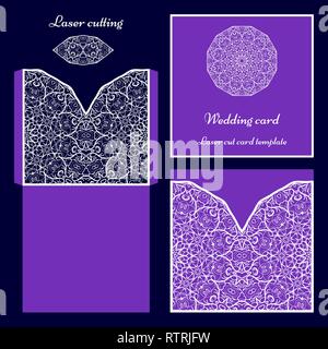 Wedding invitation or greeting card with classical ornament. Picture suitable for laser cutting or printing. White gold pattern on a purple background Stock Vector