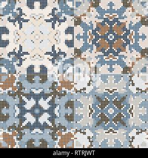 A collection of ceramic tiles in blue retro colors. A set of square patterns in ethnic style. Vector illustration. Stock Vector