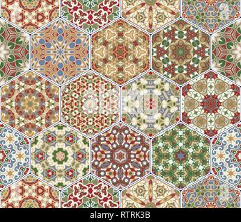 Multicolor vector set of hexagonal tiles in Arabic style. Oriental designs for the design of ceramics, textiles or scrapbooking. Stock Vector