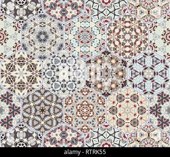 Vector set of hexagonal tiles. Seamless pattern with oriental motifs. Rich decorative elements for the design of ceramics, textiles or printing. Stock Vector