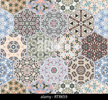 Seamless pattern of hexagonal tiles with oriental motifs. Rich decorative elements for the design of ceramics, textiles or printing. Stock Vector