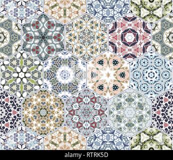 Multicolor vector set of hexagonal tiles in Arabic style. Oriental designs for the design of ceramics, textiles or scrapbooking. Stock Vector