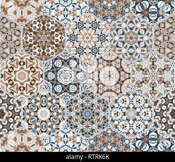 Vector set of hexagonal tiles. Seamless pattern with oriental motifs. Rich decorative elements for the design of ceramics, textiles or printing. Stock Vector