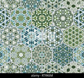 Seamless pattern of hexagonal tiles with oriental motifs. Rich decorative elements for the design of ceramics, textiles or printing. Stock Vector