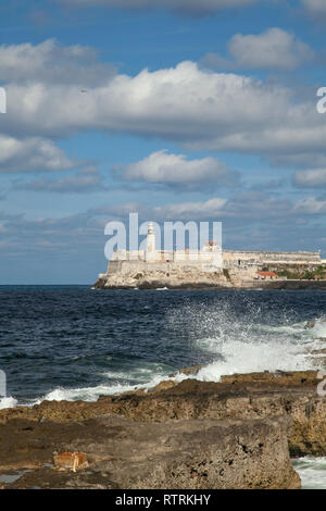 Havana, Cuba - 22 January 2013: Views of town center of squares and streets. A view of the sea and lighthouse of the city. Stock Photo