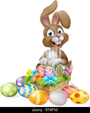 Easter Bunny Rabbit Eggs Hunt Basket Cartoon Stock Vector