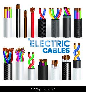 Electric Cables Set Vector. Copper Wire. Electrician Rubber Cord. Industrial Network Power. Electricity Energy. Communication Connection Component. 3D Stock Vector