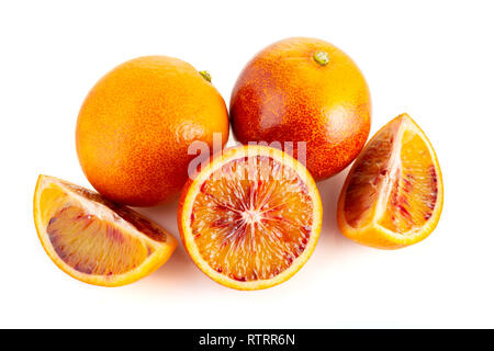 Blood orange, whole, half, ripe wedge isolated on white background Stock Photo